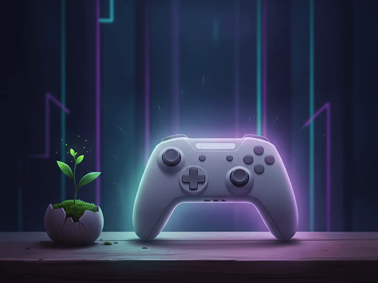 Manette posée sur un bureau avec un halo lumineux et une petite plante